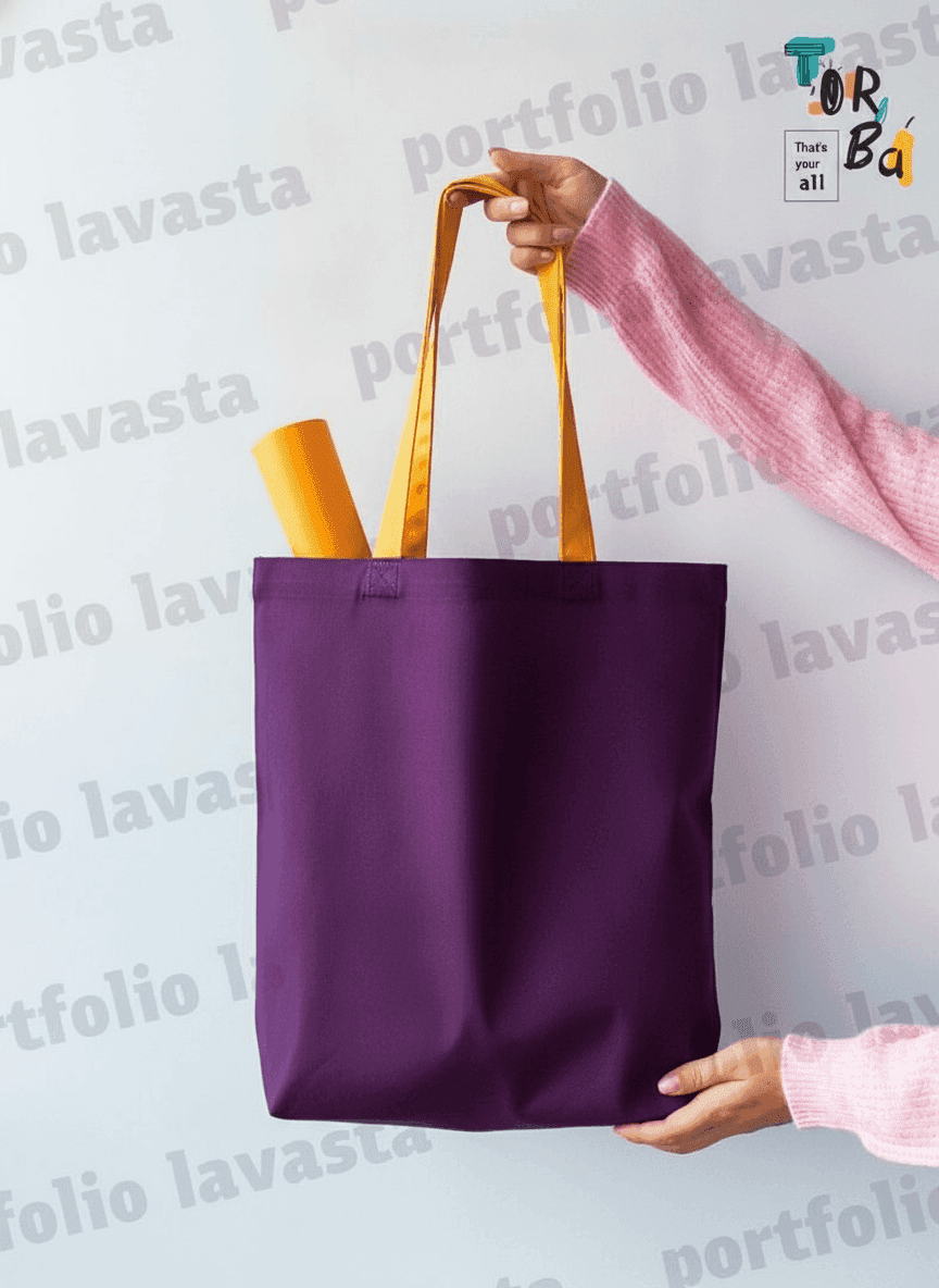 Heavyweight Cotton Tote Bag, Purple with Yellow Handles