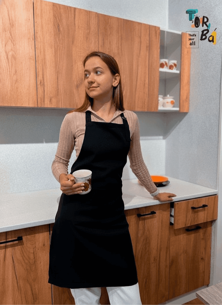 Black Gabardine Apron with Kalyna Print