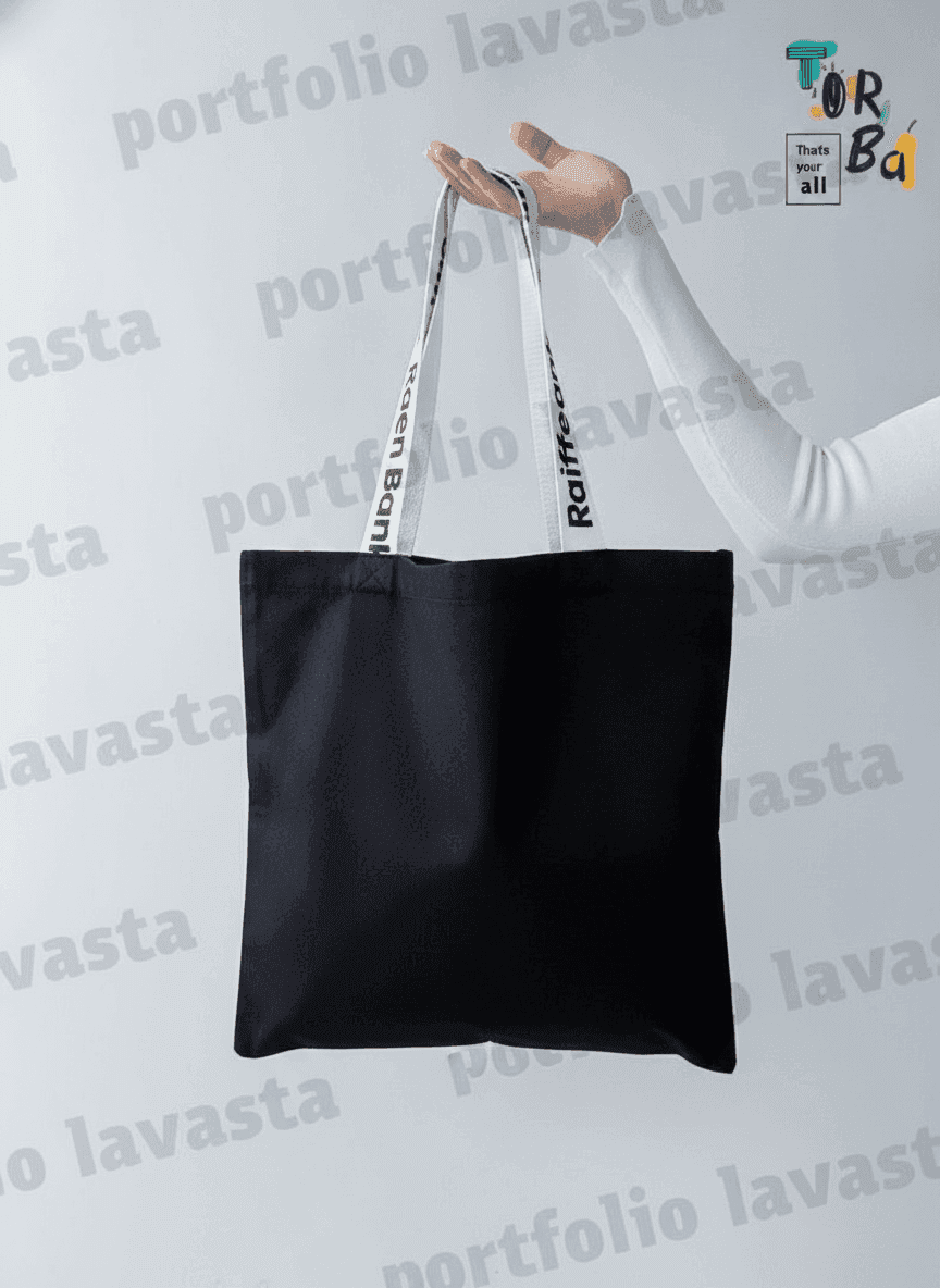 Black twill tote bag with white patches