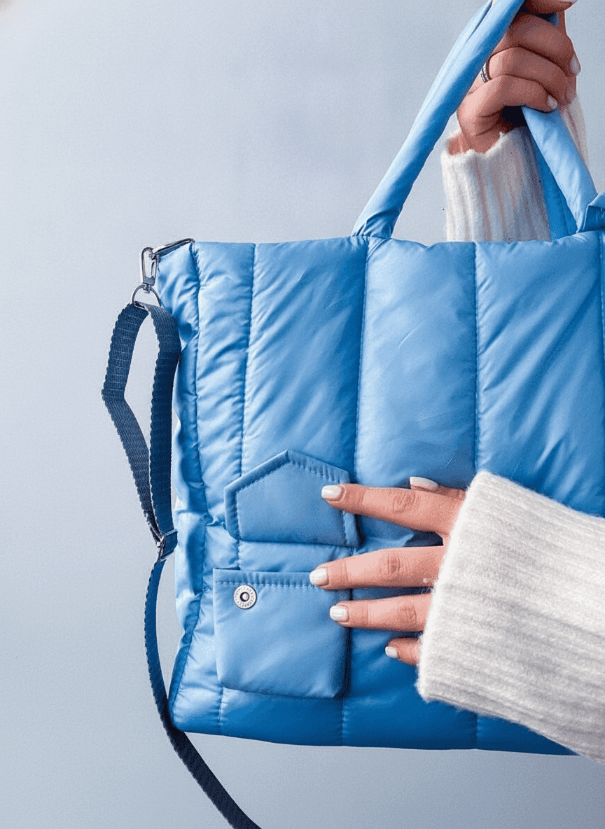 Quilted Light Blue Tote Bag with Inner Pockets