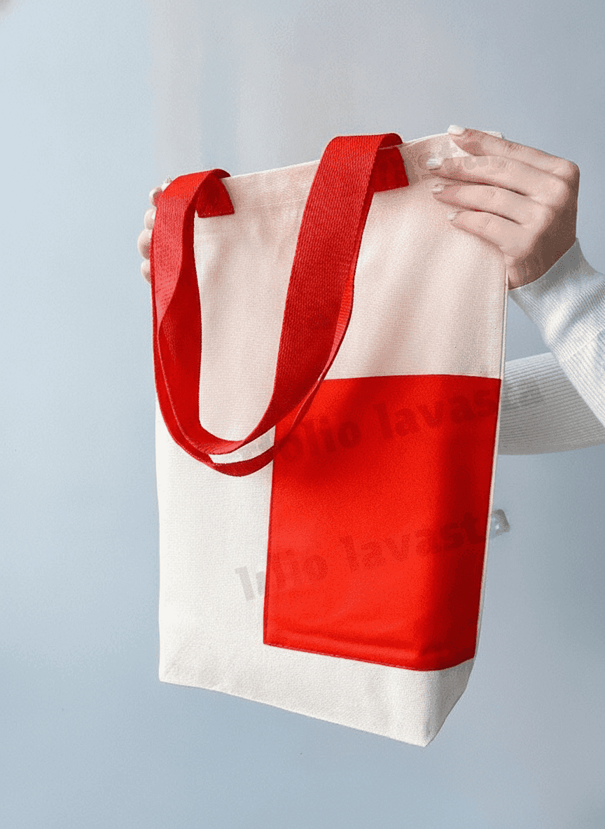 Light Beige Twill Tote Bag with Red Handles & Pocket