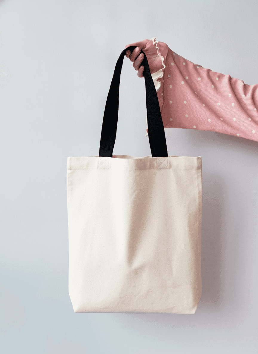 Light Beige Eco Tote Bag with Black Handles & Pocket