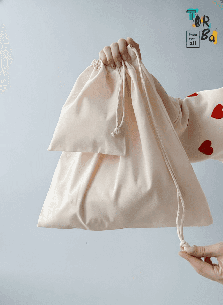 Light Beige Cotton Drawstring Pouch