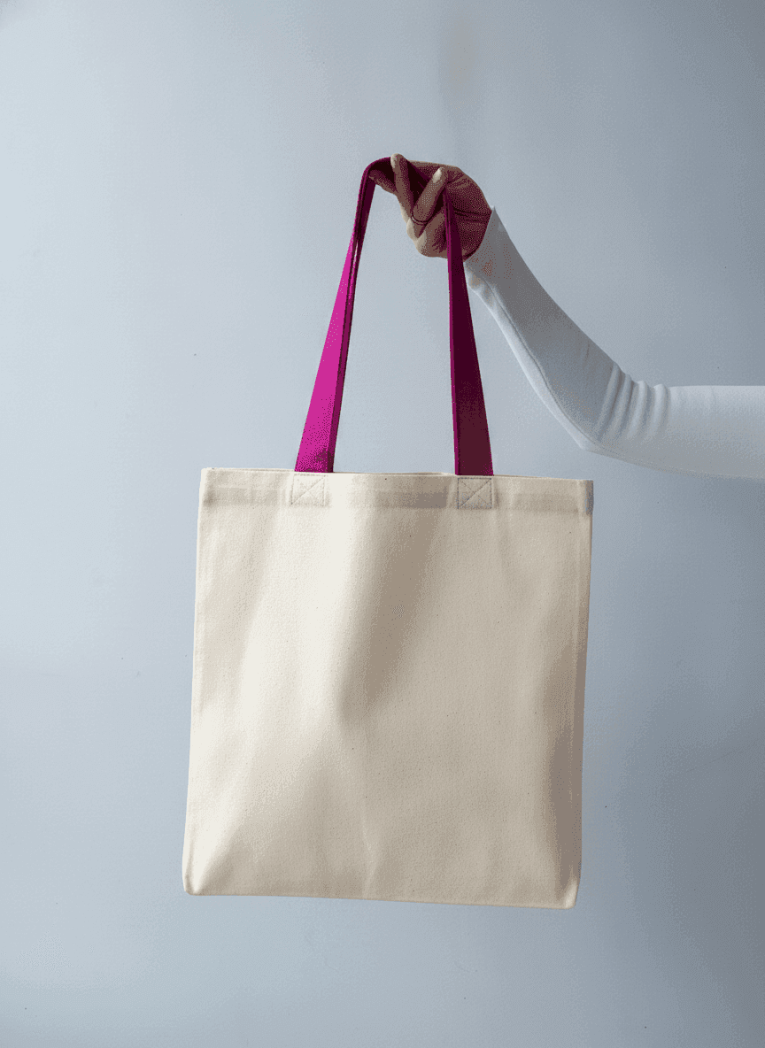 Beige Twill Tote Bag with Pink Handles