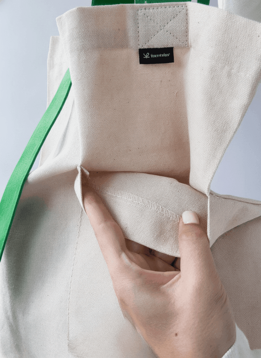 Two-Ply Cotton Tote Bag with Pocket, Long Green Handles