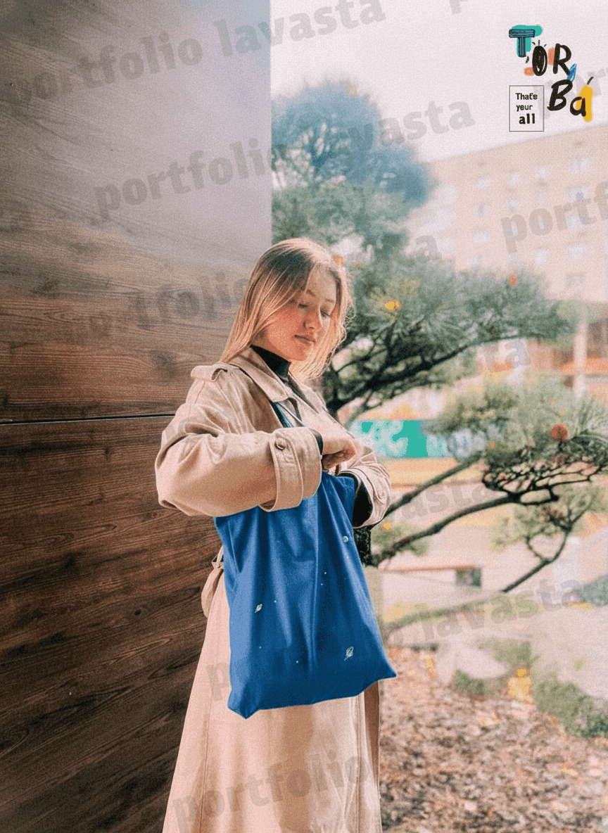 Blue Lightweight Cotton Tote Bag with Bottom
