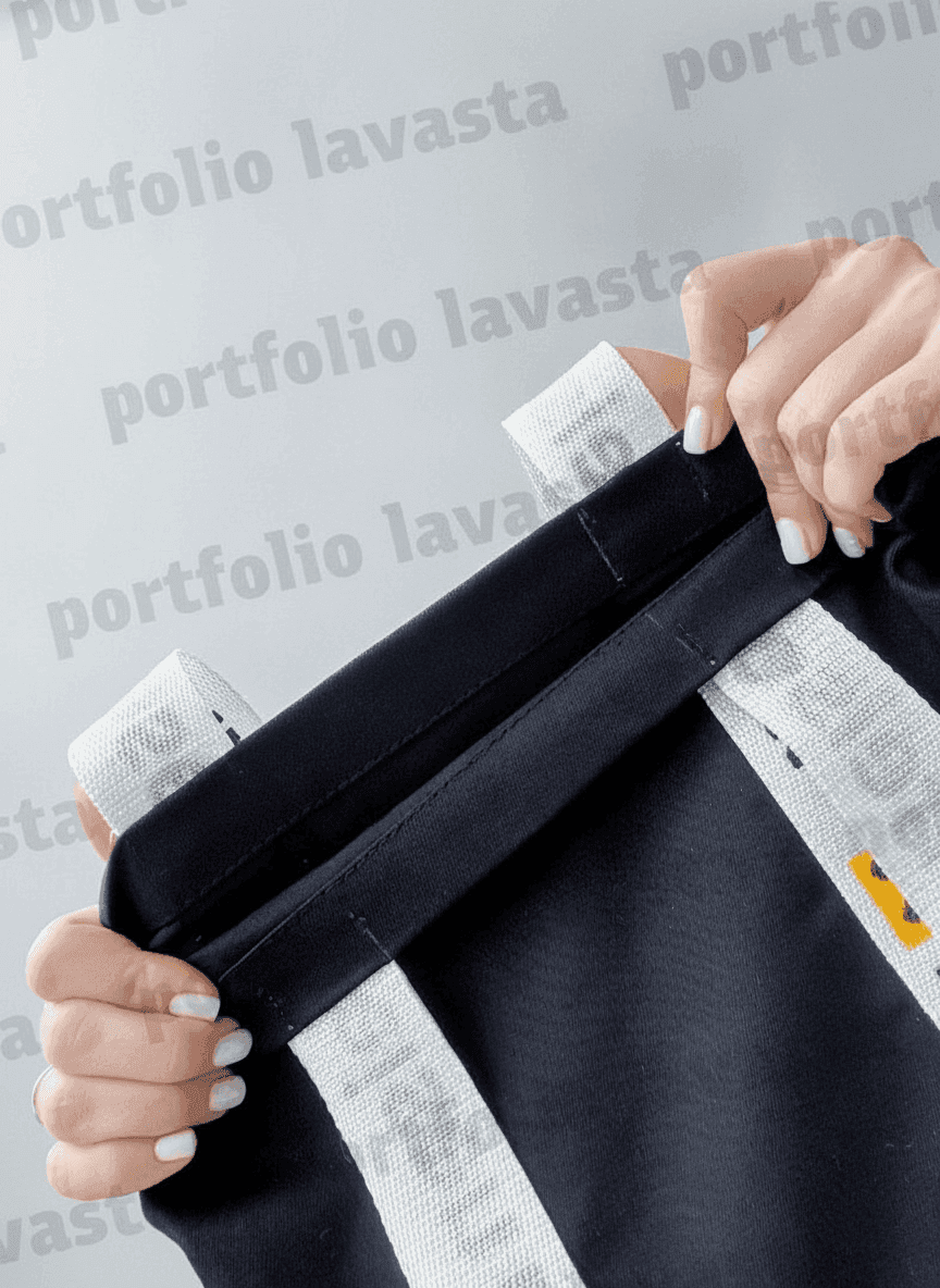 Black twill tote bag with white patches
