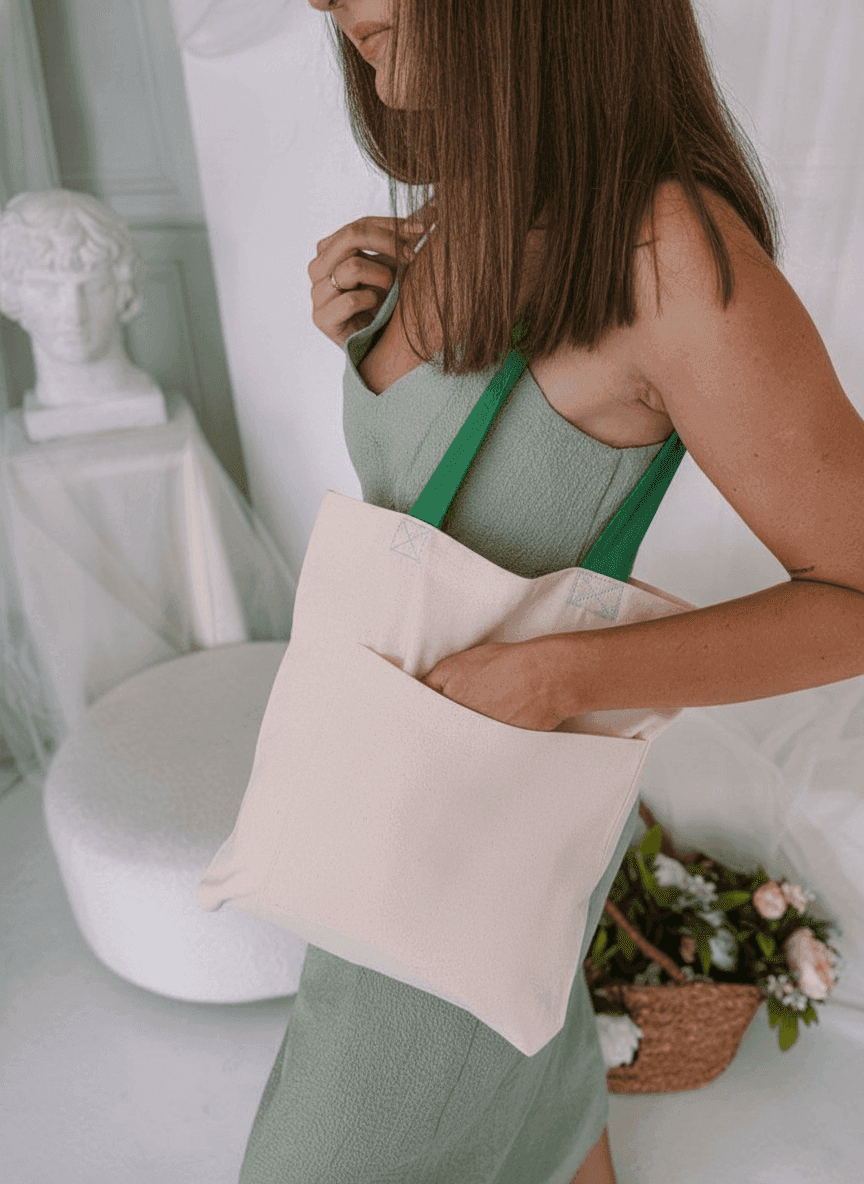 Two-Ply Cotton Tote Bag with Pocket, Long Green Handles