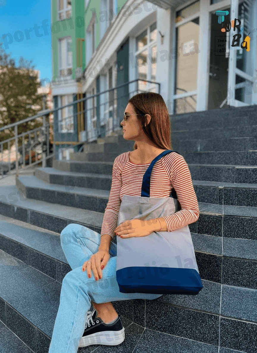 Two-Tone Gray and Blue Heavyweight Cotton Tote