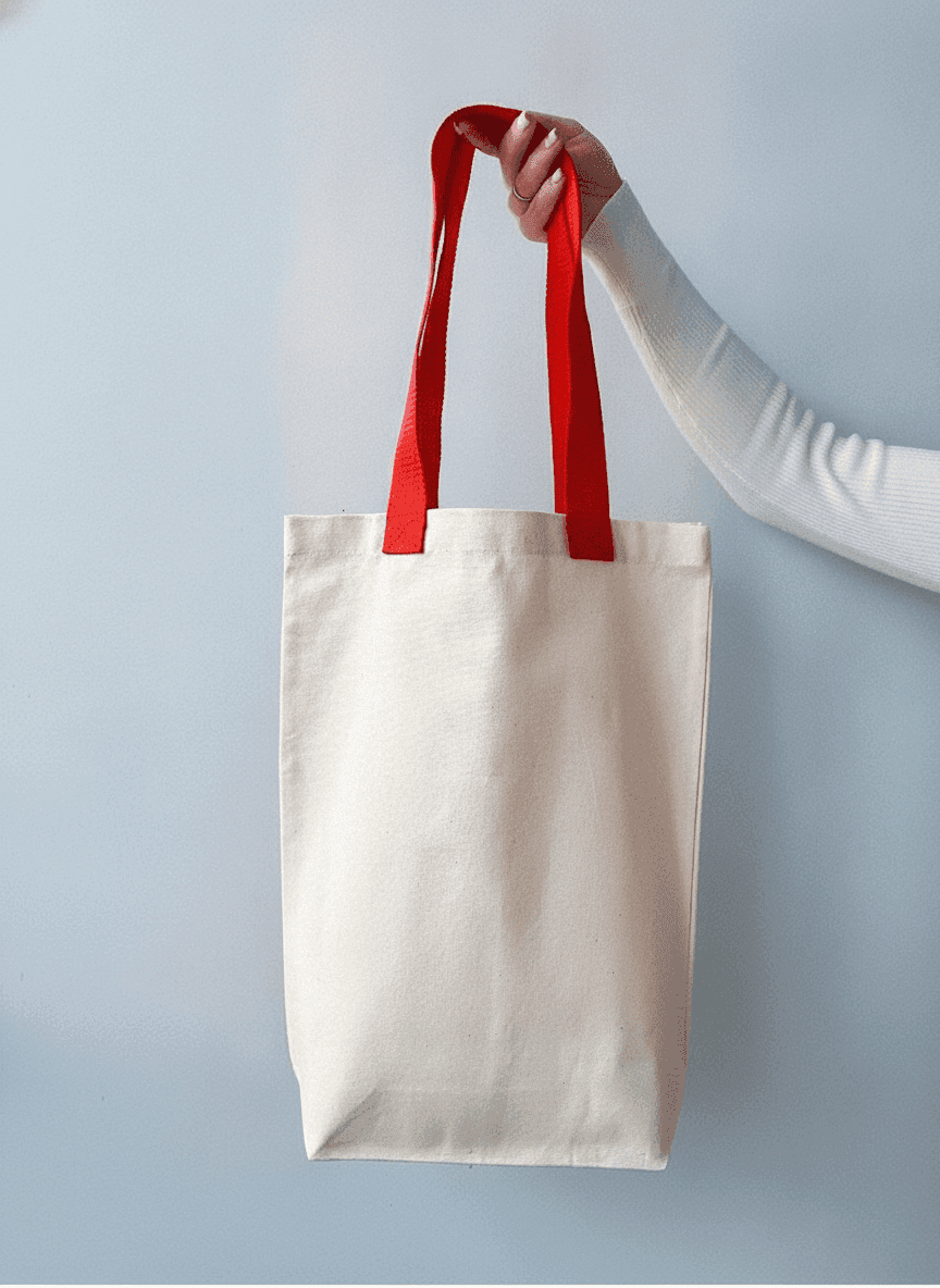 Light Beige Twill Tote Bag with Red Handles & Pocket
