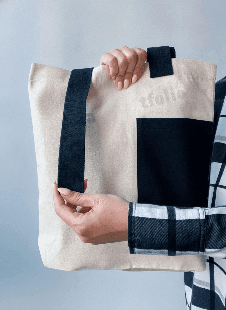 Double-Layer Tote Bag with Overlap Handle & Pocket