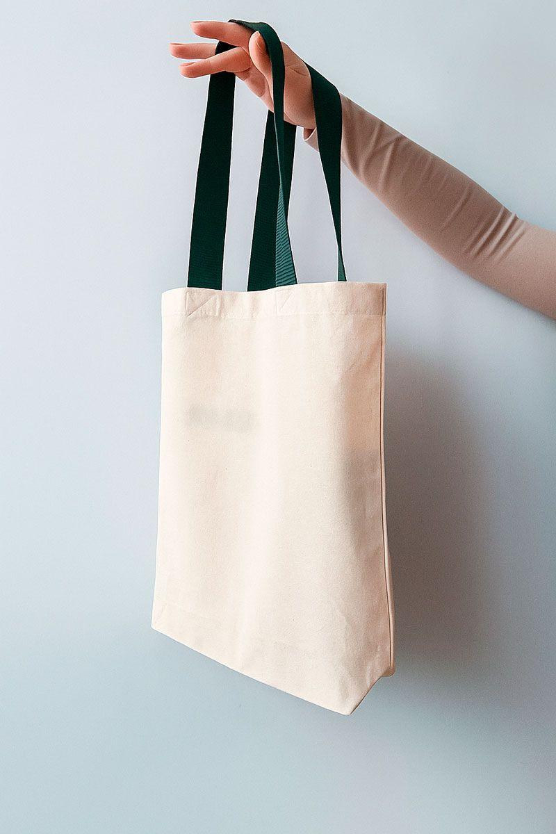 Экошоппер из двунитки с тёмно-зелёными ручками и карманом — сумка с удлинённой лентой, прочная хлопковая шоппер-сумка для покупок и повседневного использования без печати Размер: 38см х 42смх 7см
