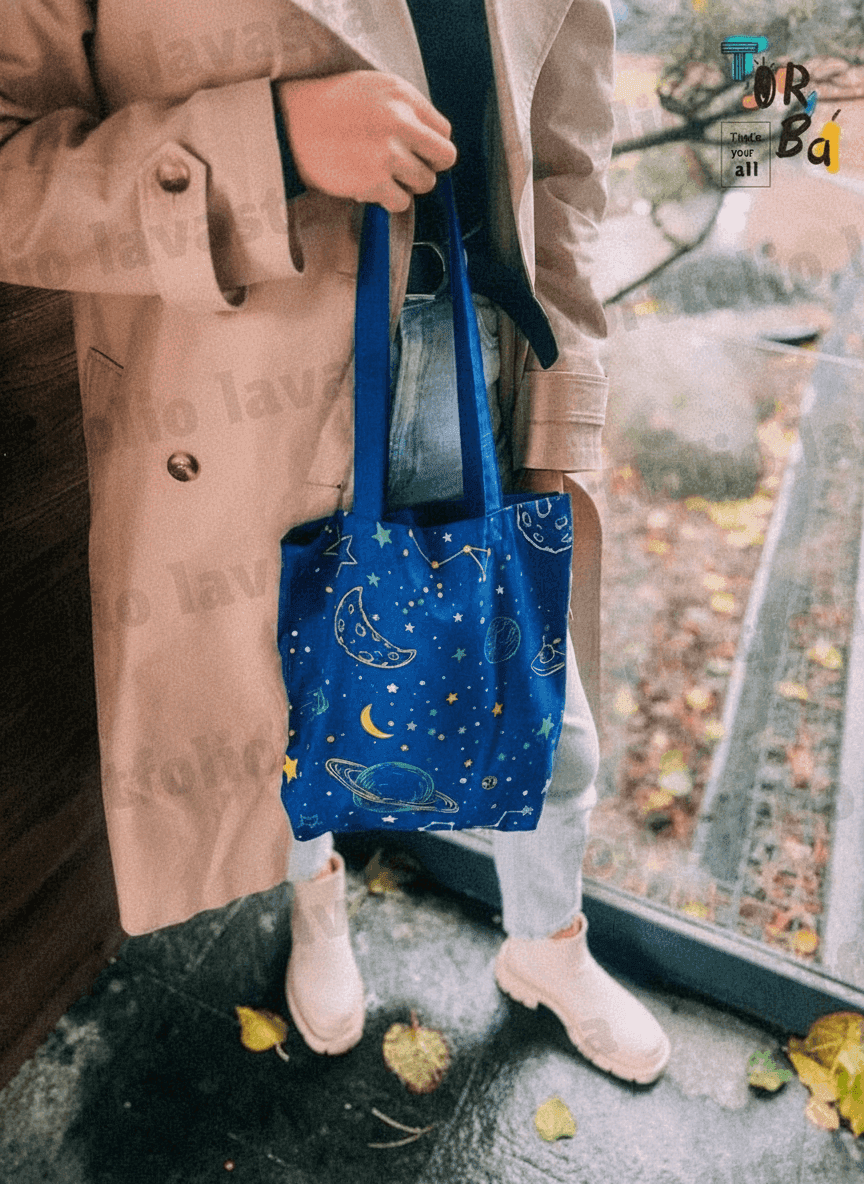 Blue Lightweight Cotton Tote Bag with Bottom
