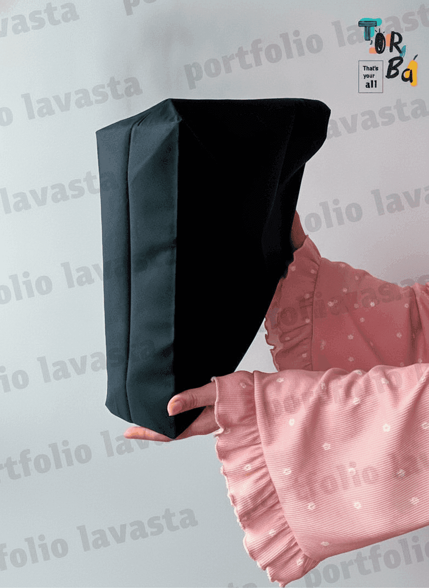Black Twill Tote with Flap and White Handles