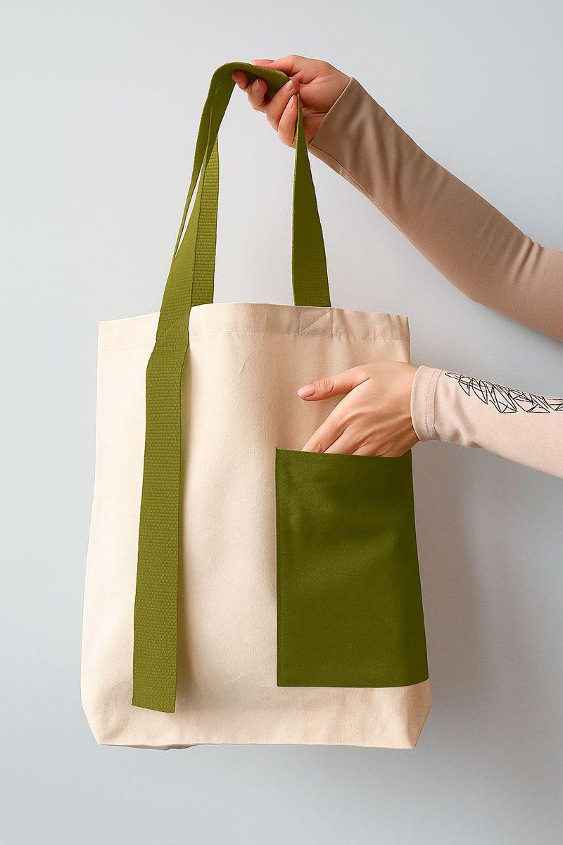 Экошоппер из двунитки с оливковыми ручками и карманом — прочная хлопковая сумка для покупок и повседневного использования без печати Размер: 38см х 42смх 7см