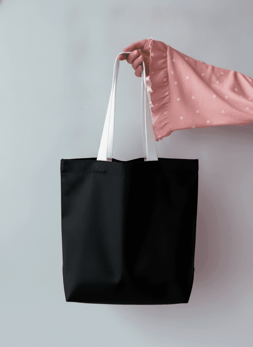 Black Twill Tote with Flap and White Handles