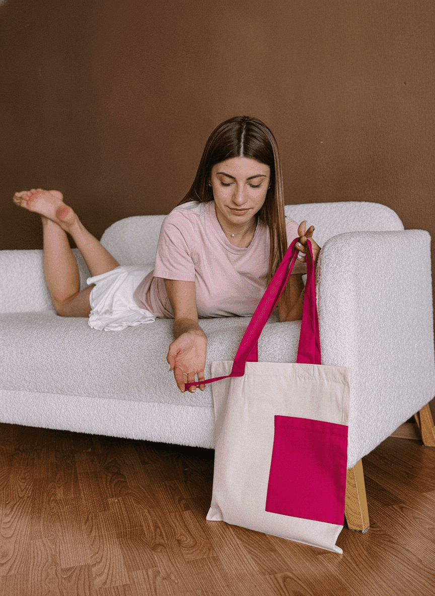 Beige Twill Tote Bag with Pink Handles