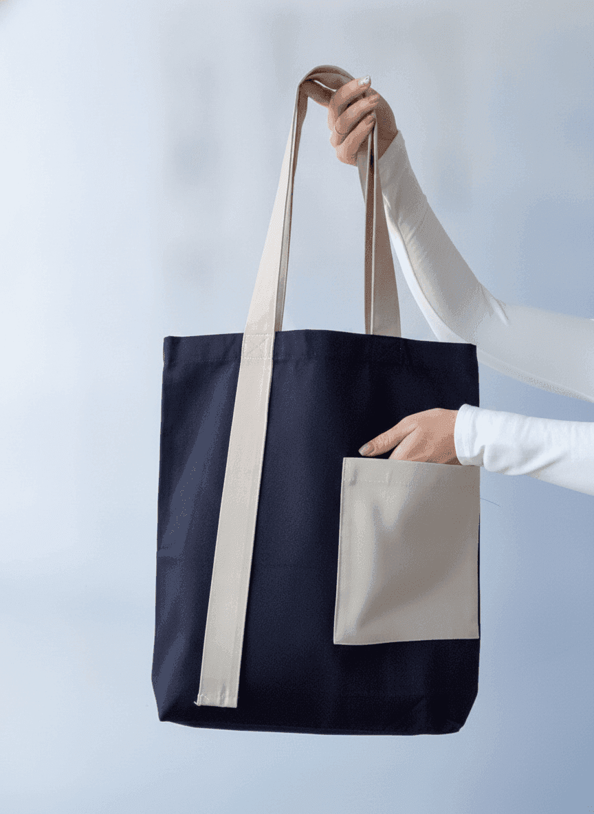 Black Twill Tote Bag with Beige Handles