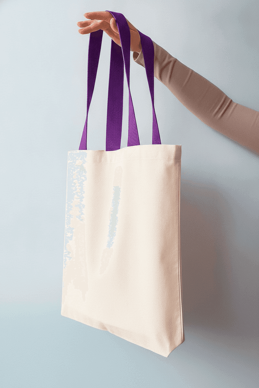 Cotton Tote Bag with Pocket and Purple Handles