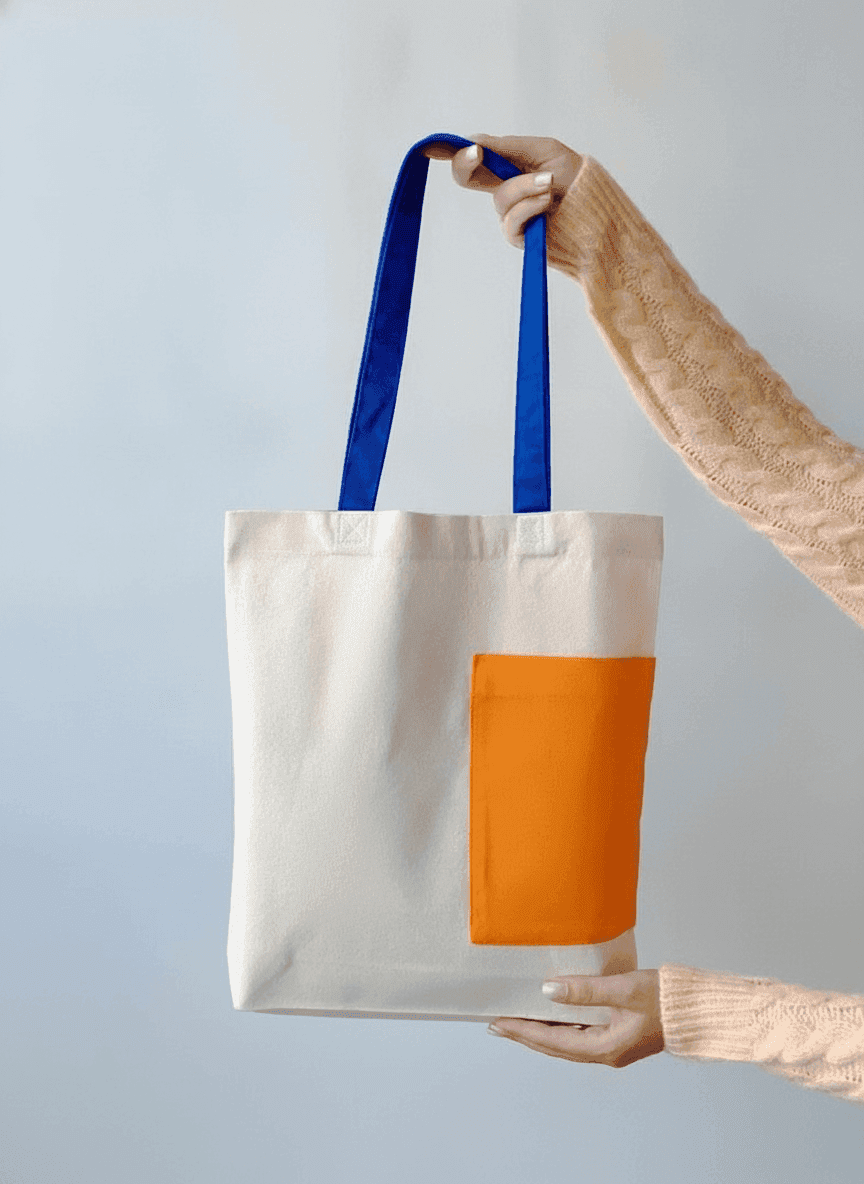 Cotton Tote Bag with Blue Handle & Orange Pocket