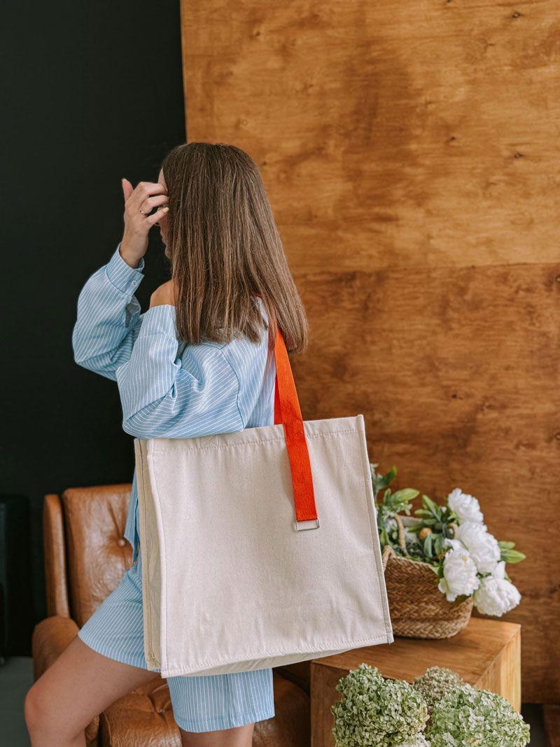 Екошопер із саржі з яскравими помаранчевими ручками та металевим кільцем — щільна бавовняна сумка Lavasta для покупок і щоденного використання без друку, розмір: 38см х 40смх 12см