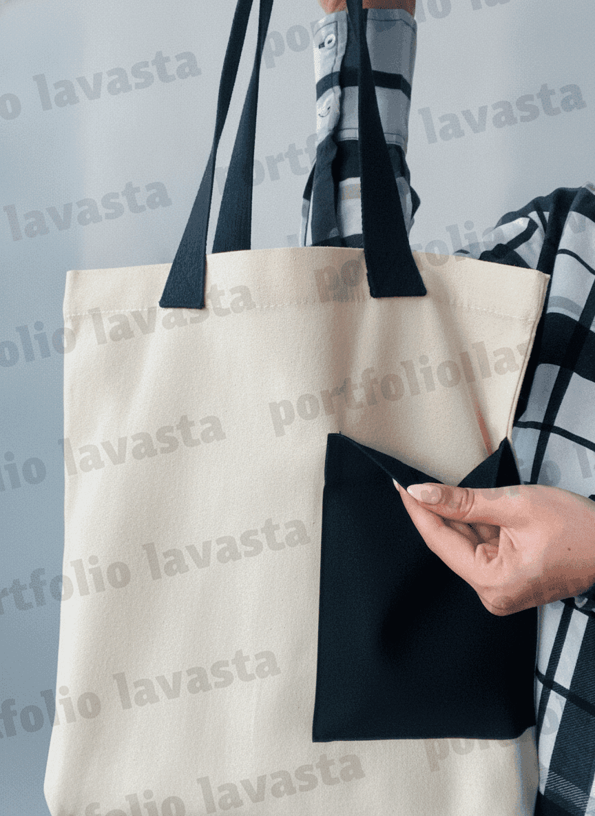 Double-Layer Tote Bag with Overlap Handle & Pocket
