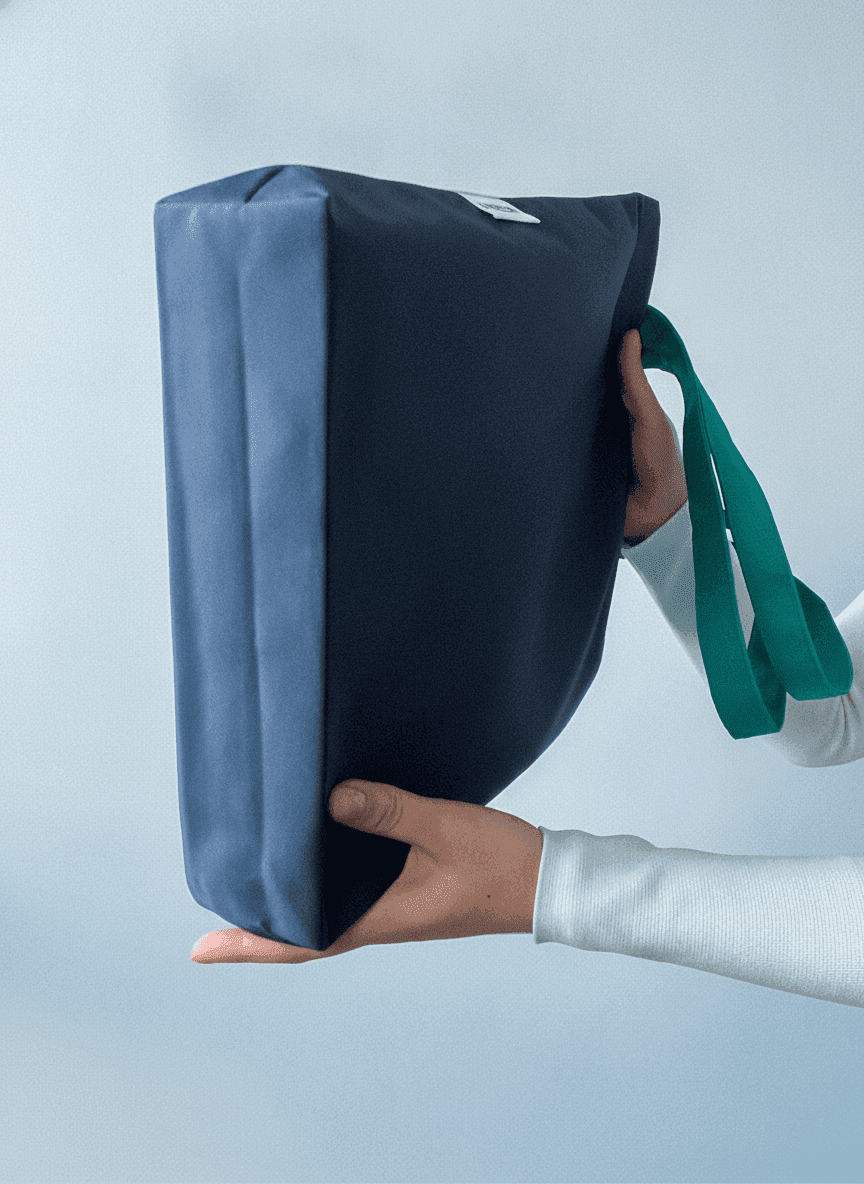 Gray tote bag with turquoise handles
