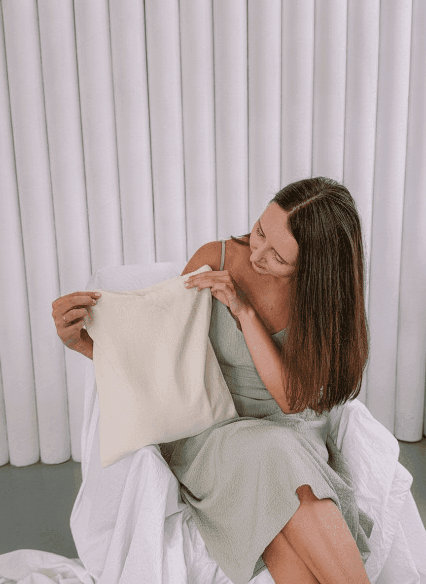 Beige Muslin Drawstring Bag with Black Ribbon