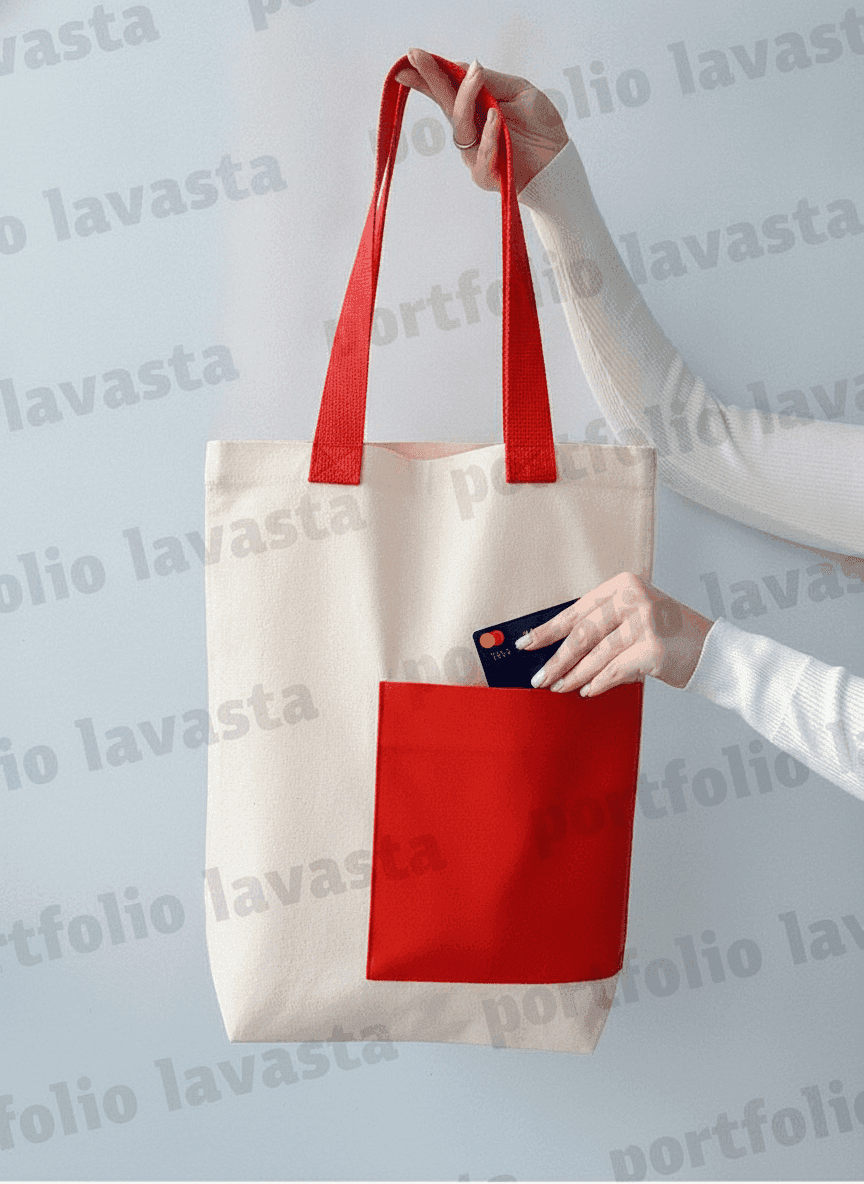 Light Beige Twill Tote Bag with Red Handles & Pocket