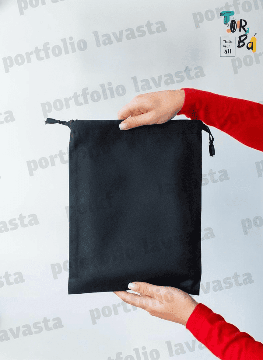 Black Thin Cotton Double Drawstring Pouch