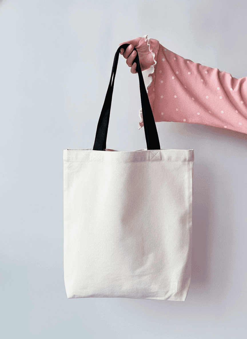 Light Beige Eco Tote Bag with Black Handles & Pocket