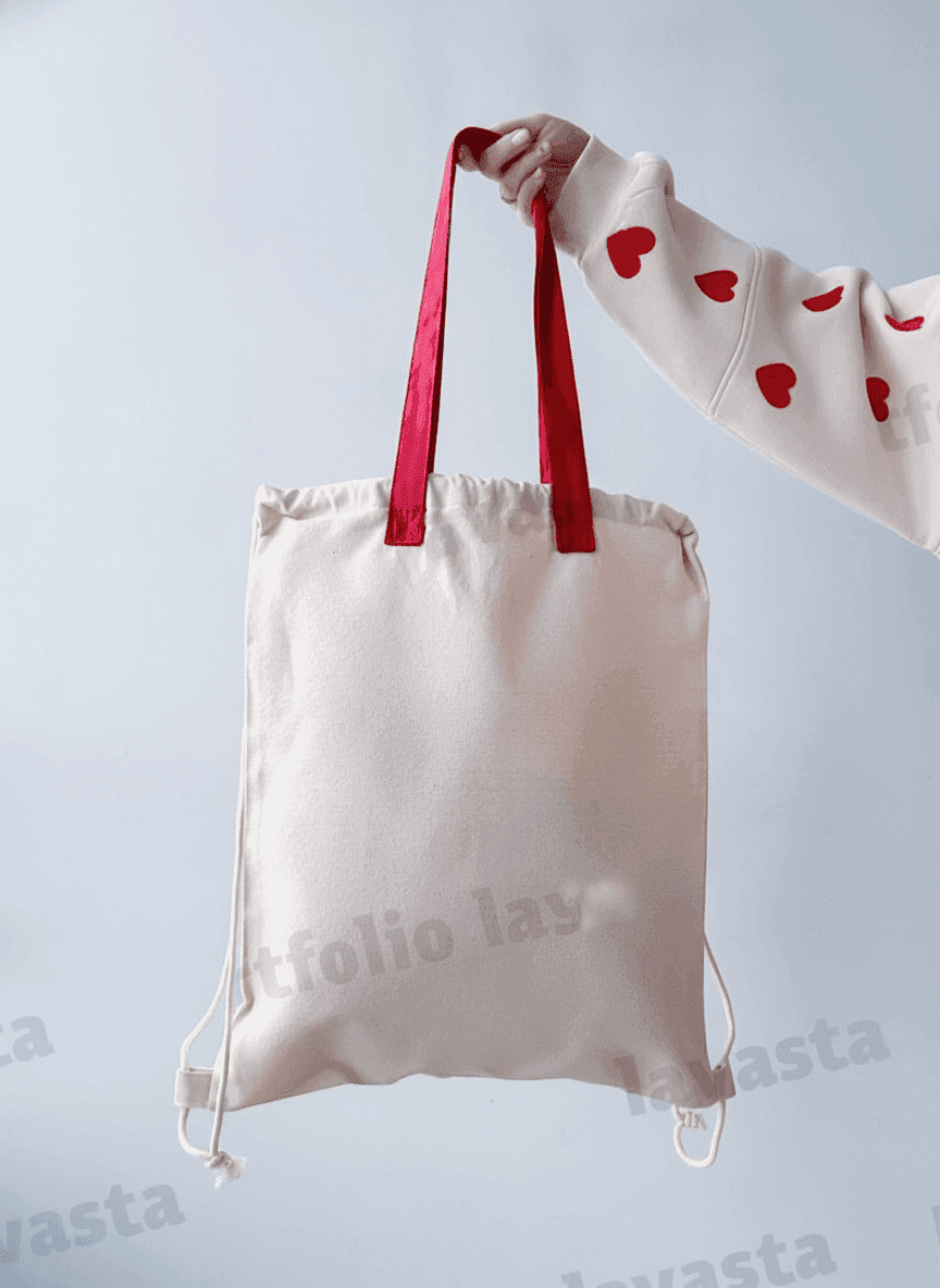 Light Beige Drawstring Backpack with Bright Handle