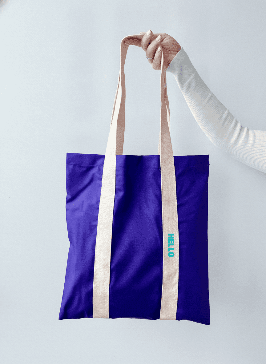 Blue Twill Tote with Beige Handles