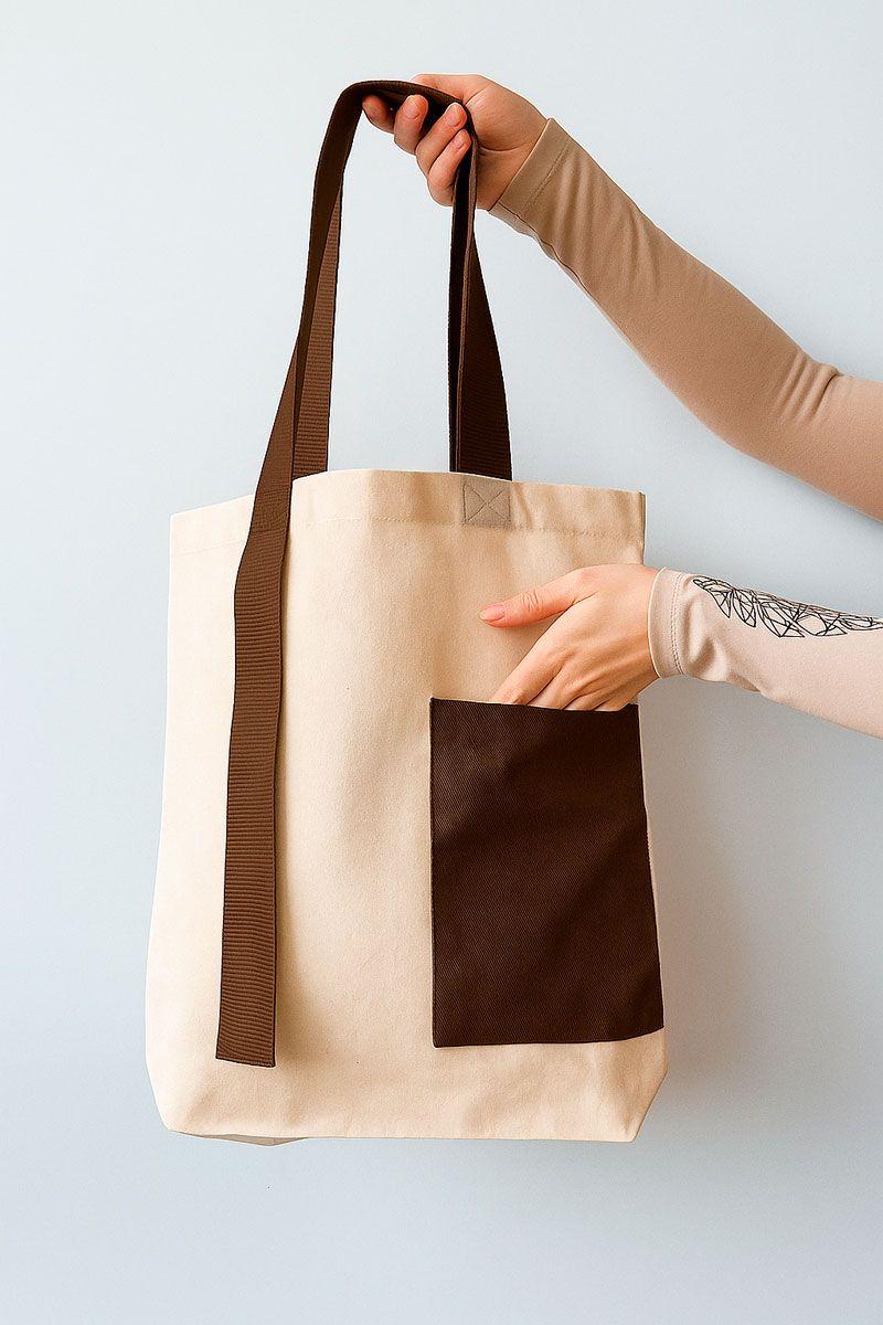 Эко шоппер из двунитки с тёмно-коричневой удлинённой лентой — хлопковая сумка Lavasta для покупок и повседневного использования без печати Размер: 38см х 42смх 7см