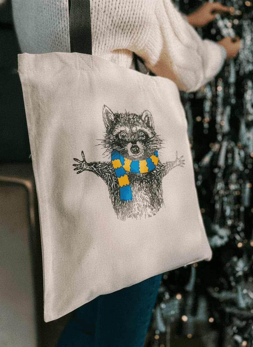 Black Calico Tote Bag with Hugging Raccoon Print