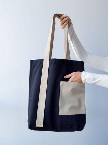 Шопер из плотной саржи, черный с бежевыми ручками