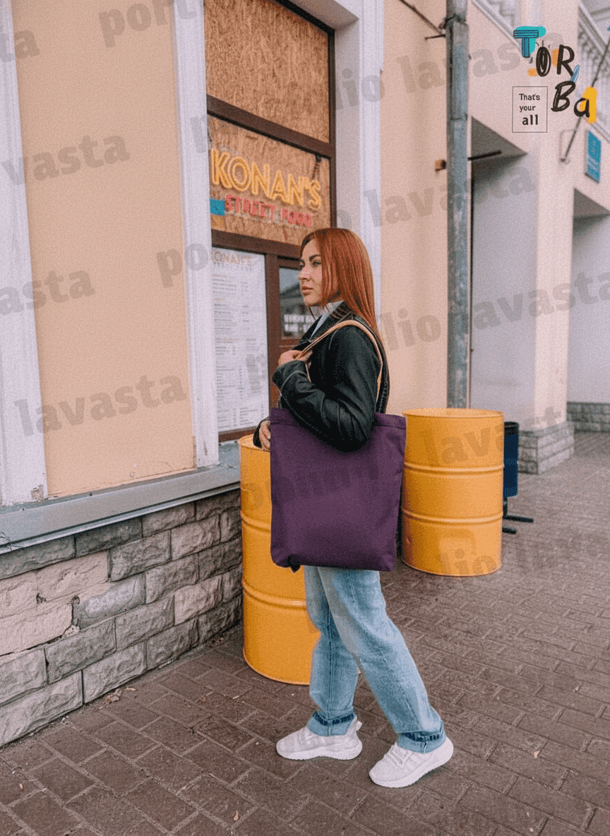 Heavyweight Cotton Tote Bag, Purple with Yellow Handles