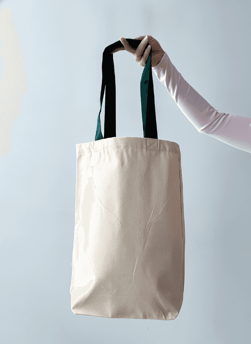 Natural Fabric Tote Bag with Green Pocket & Ribbon