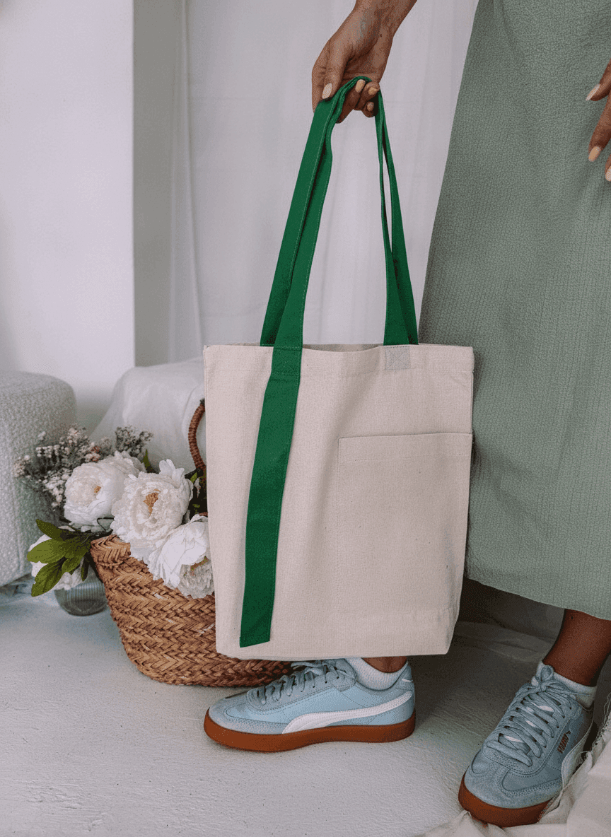 Two-Ply Cotton Tote Bag with Pocket, Long Green Handles