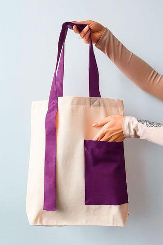 Екосумка з двонитки з фіолетовими ручками та зовнішньою кишенею — стильна шопер-сумка з натуральної бавовни без друку, розмір: 38см х 42смх 7см