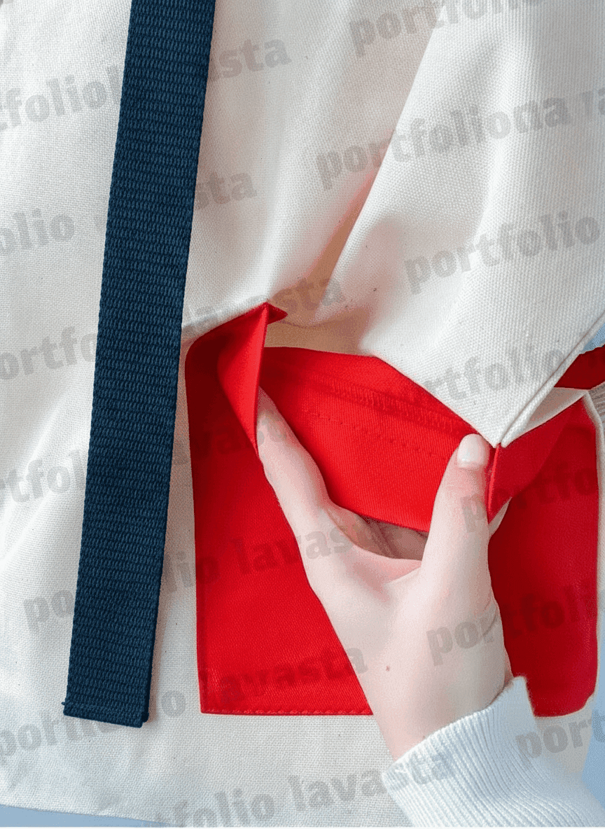 Light Beige Twill Tote Bag with Red Handles & Pocket