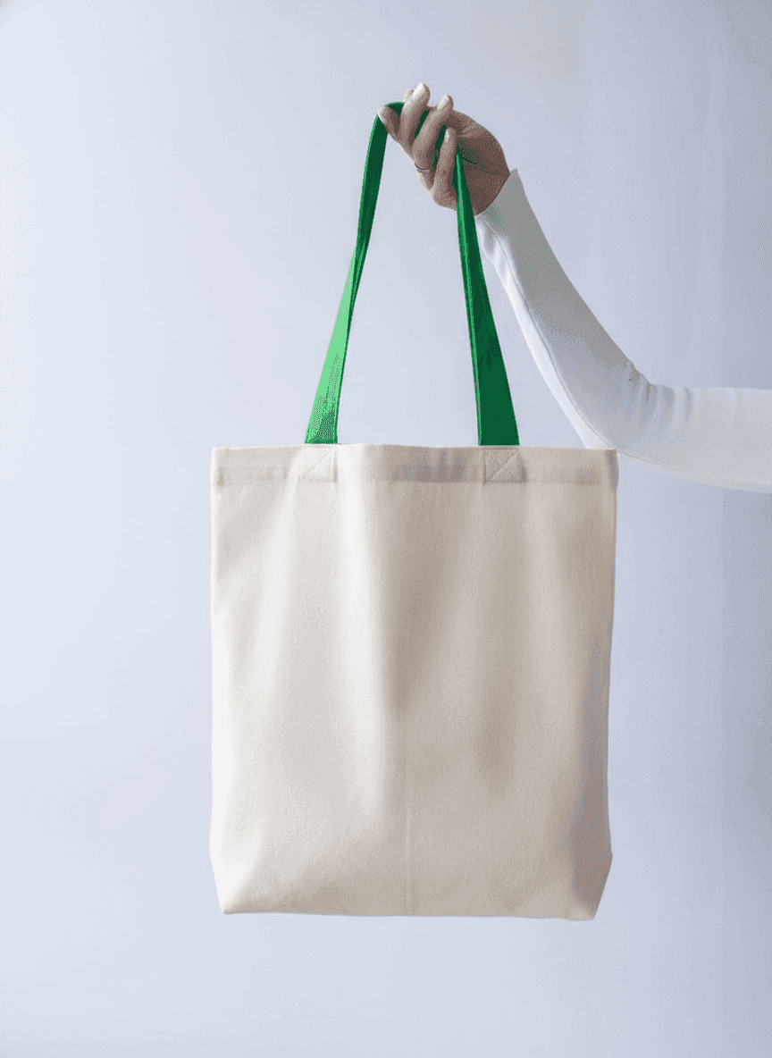Two-Ply Cotton Tote Bag with Pocket, Long Green Handles