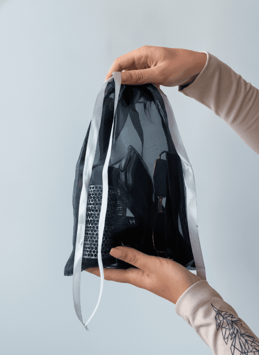 Organza pouch with sewn-on label