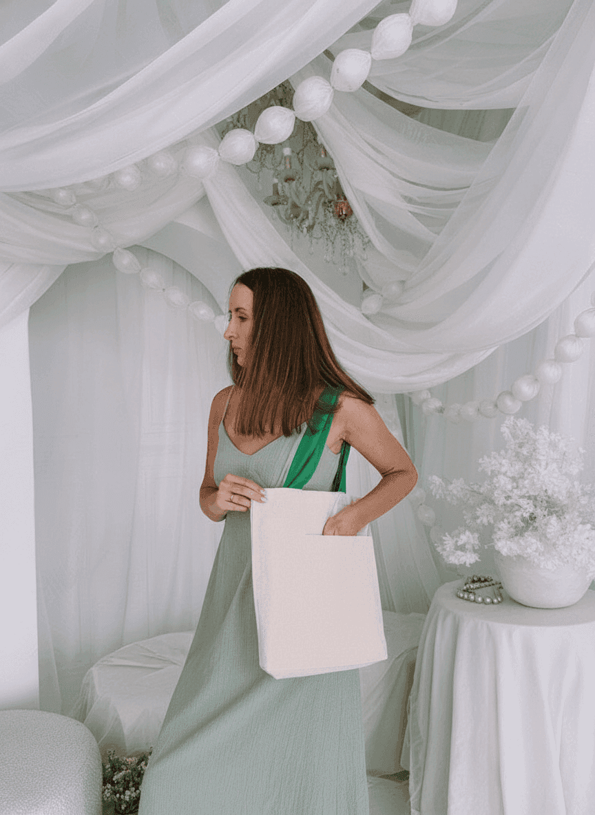 Two-Ply Cotton Tote Bag with Pocket, Long Green Handles