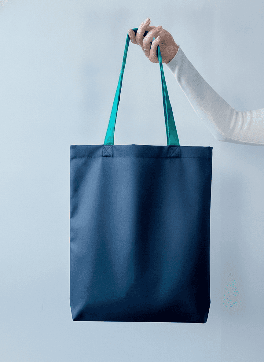Gray tote bag with turquoise handles