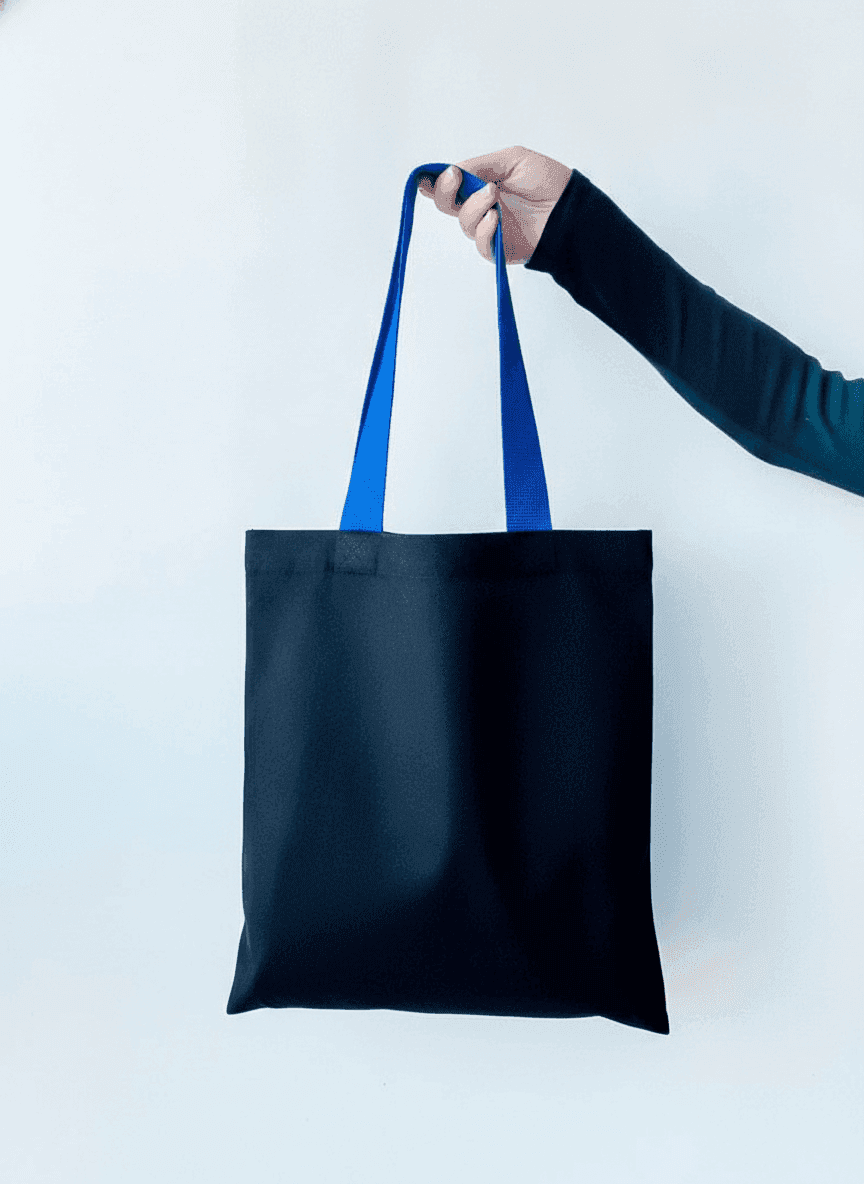 Black Tote Bag with Long Blue Handles