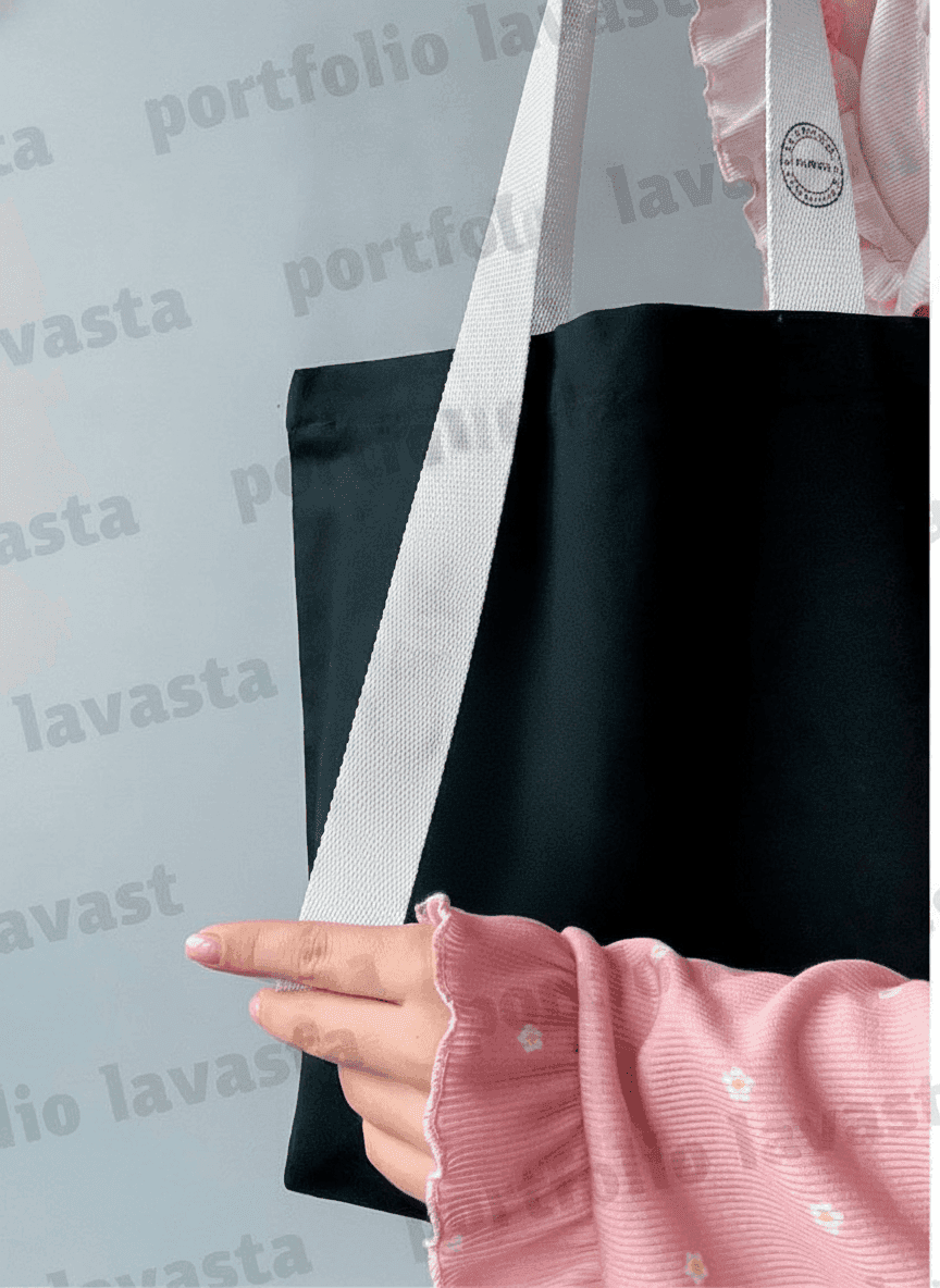 Black Twill Tote with Flap and White Handles