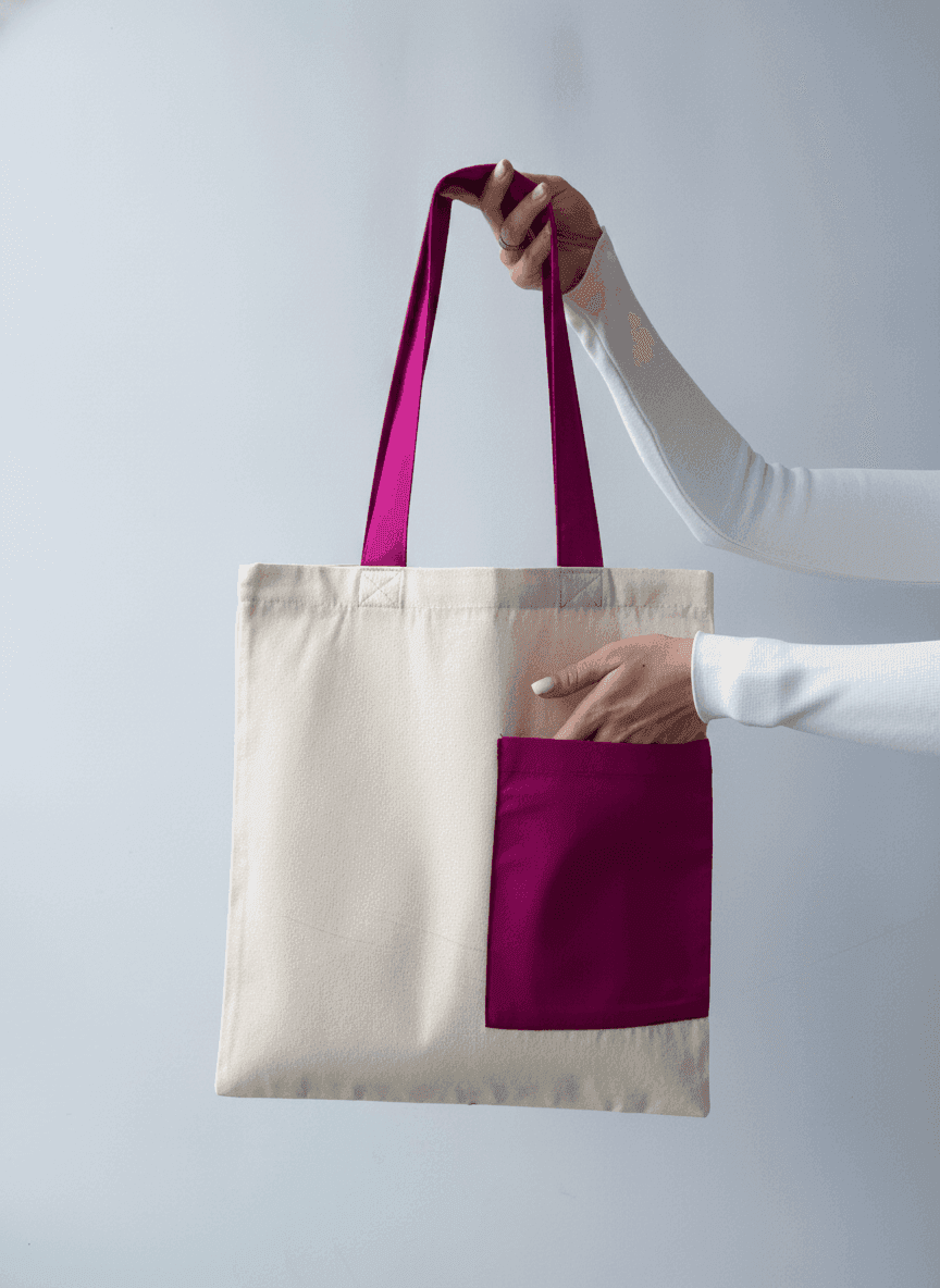 Beige Twill Tote Bag with Pink Handles