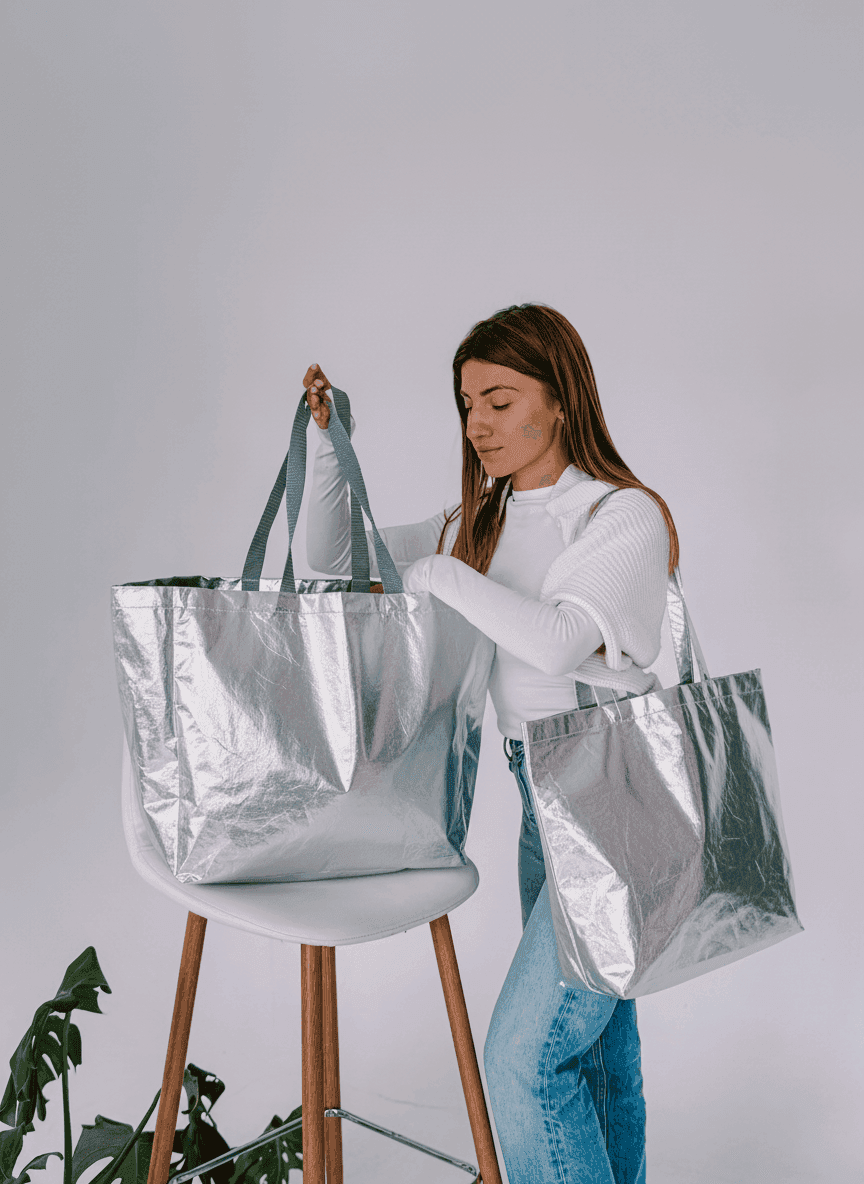 Шопер алюбонд сріблястий з наплічними ручками для бренду