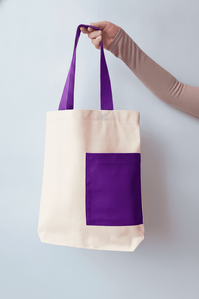 Cotton Tote Bag with Pocket and Purple Handles